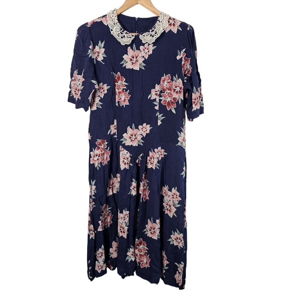Vintage 90s Floral Dress Women Med Blue Lace Pleated Preppy Cottage Modest Retro